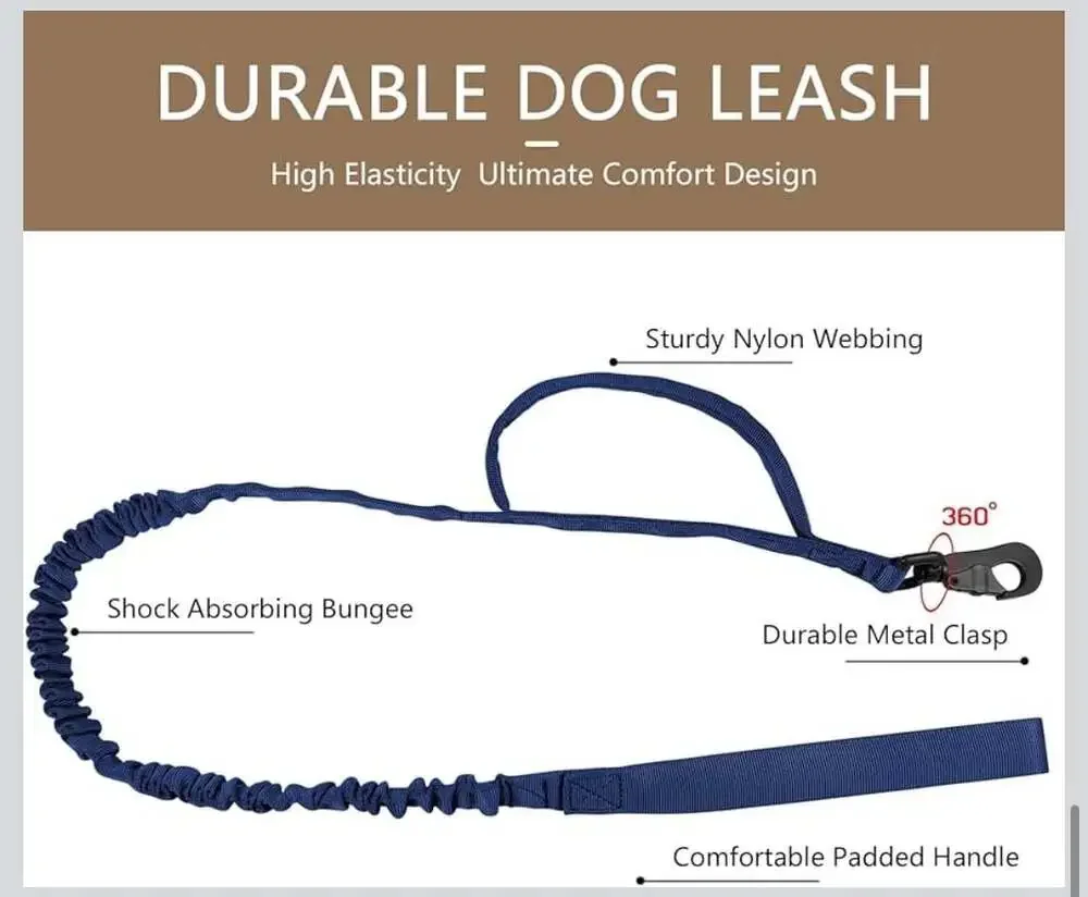 Tactical Dog Collar and Bungee Leash Set with AirTag Case and Patches, Navy Blue